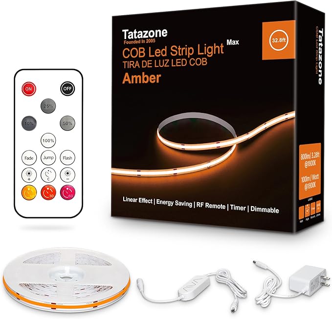 Tatazone 32.8ft 1800K COB Led Strip Lights with RF Remote, Dimmable Bright Adhesive Indoor Amber Led COB Light Strip for Cabinet, Painting, Room, Bed
