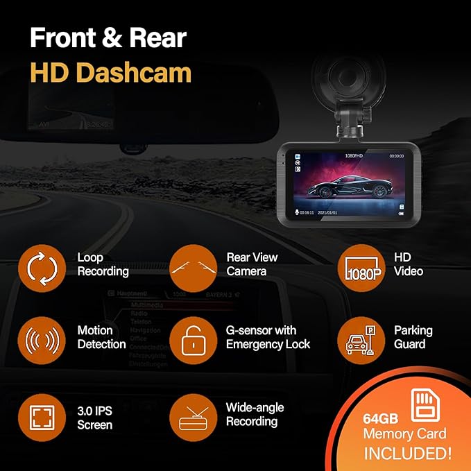 Dash Cam Front and Rear - 3 inch IPS Screen 1080P Full HD DVR Dash Camera for Cars with 64G SD Card - 150°Wide Angle Car Dashboard Cam - Night Vision, G-Sensor, Parking Monitor
