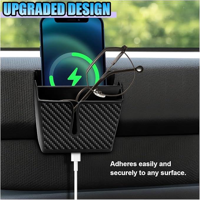 Universal Carbon Fiber Car Storage Box - Multifunctional Cell Phone Holder Auto Dashboard Pocket Organizer with Sticky - Car Interior Accessories for Storing Phone Card Key Pen Coin (Short)