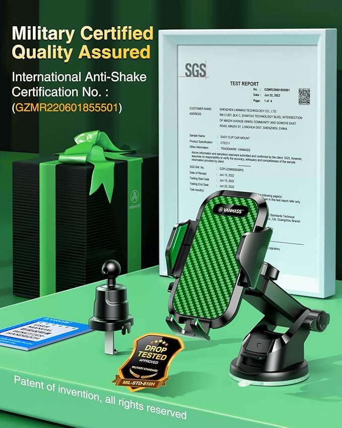 VANMASS Phone Holders for Your Car 2026 Ultimate Phone Mount Military-Grade Windshield Dashboard Vent【Newest Best Strongest】 Cell Phone Car Mount for iPhone 16 Pro Max 15 Samsung Android,Green
