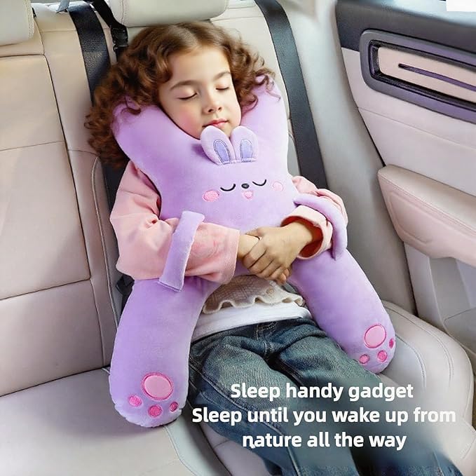 Car Pillow for Travel – Animal-Themed Car Seat Cushion with Safety Belt Protector – 4 Cute Styles: Pig, Dog, Rabbit, Panda (Dog)
