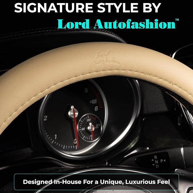 Lord Autofashion Steering Wheel Cover – PU Leather, Non-Slip Rubber Inner, All-Season Comfort – 14.5–15 Inch (Beige 9283)