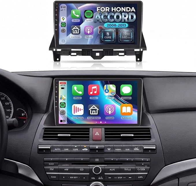 Podofo 8 Core 2+64G Radio for Honda Accord 2008-2013 Car Stereo Wireless CarPlay/Android Auto 10.1 Inch IPS Touch Screen Android 13 GPS WiFi Bluetooth 32-Band DSP SWC AHD Camera