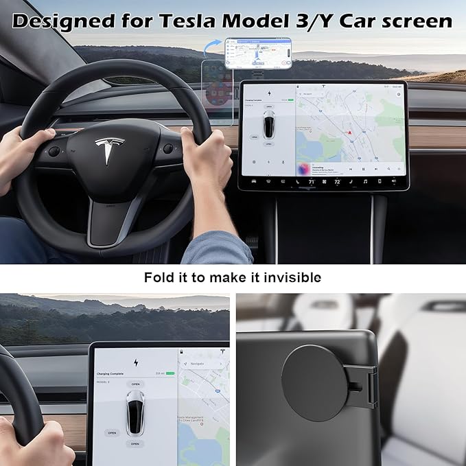 CloudValley Magnetic Phone Holder for Tesla Model Y/3, Foldable Hidden Tesla Phone Mount Fit for iPhone 17/16/15/14/13 seirs, PC Monitor, Compatible with Magsafe Car Mount for Tesla Accessory, Black