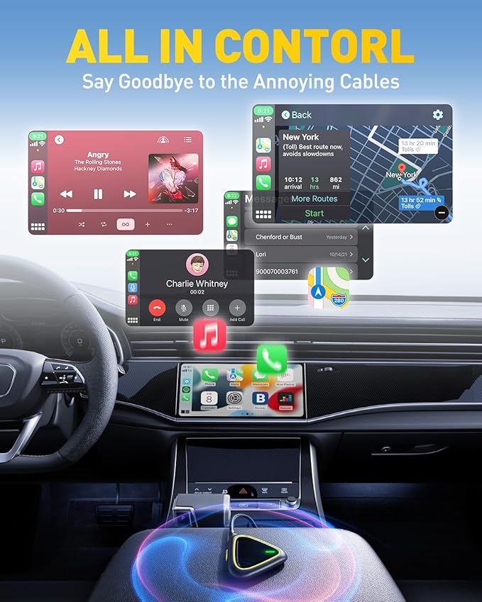 2027 Mini CarPlay Wireless Adapter for Apple, Upgrade Factory Wired Carplay to Wireless CarPlay Adapter, No Latency for iPhone iOS 10+ and Cars from 2015+, USB & Type-C, Plug & Play