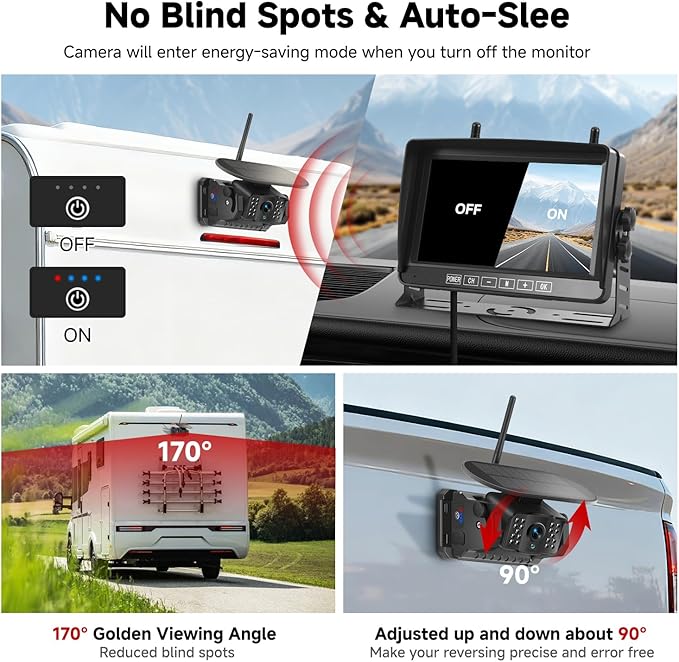 Magnetic Wireless Backup Camera for RV - 15000mAh Battery Solar Powered Reverse camera System with 1080P 7in Monitor, 500ft Stable Range 4CH Split Screen for Horse Trailer Truck Pickup Tractor