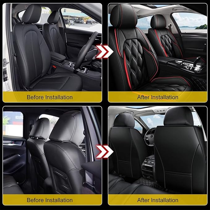 AOMSAZTO Front Seat Covers Fit for Hyundai Kona 2018-2026 Waterproof Faux Leather Car Seat Cover Compatible with Airbag(2PCS Front, Black&Redline)