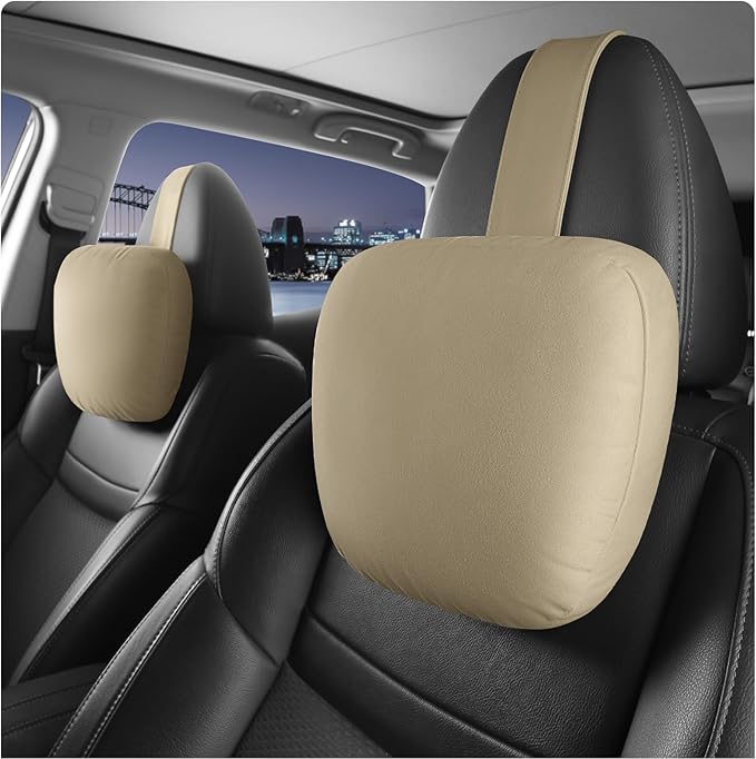 2pcs Car Neck Pillow for headrests,Support Drive Seats Head Cushion Pillows,Microfiber Velvet,Plant-Based Polyester,Thickness & Height Adjustable,11.8x7.5,Inner Liner fillable(Beige)