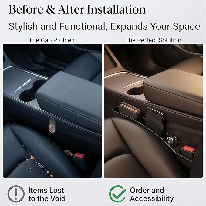 Seat Gap Filler for Tesla-Compatible Models – No More Lost Items, Custom Fit for Model Y & Model 3 (2020–2026), TPE Organizer with Storage, Easy Install, 2 Pack, Black