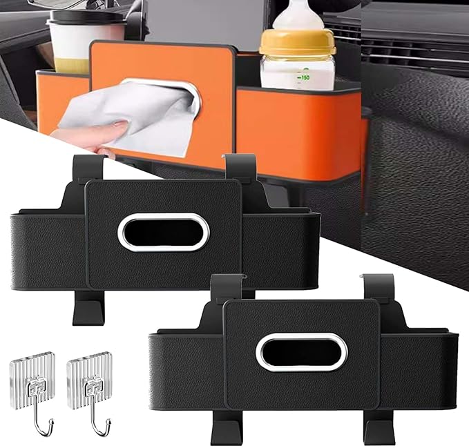 3-in-1 Car Backseat Organizer, 2026 Upgraded Multifunctional Car Seat Back Storage Box, Backseat Car Organizer with 2 Cup Holders, Tissue Box & Hooks, Universal Car Essentials (2Pack C)