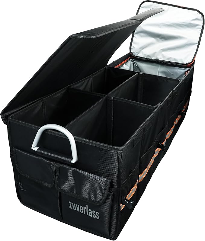 Car Trunk Organizer with Cooler Bag, 90L Portable Trunk Cargo Organizer for SUV Truck Sedan, 3 Compartments Collapsible Car Storage Box with Lid, 4 Removable Dividers