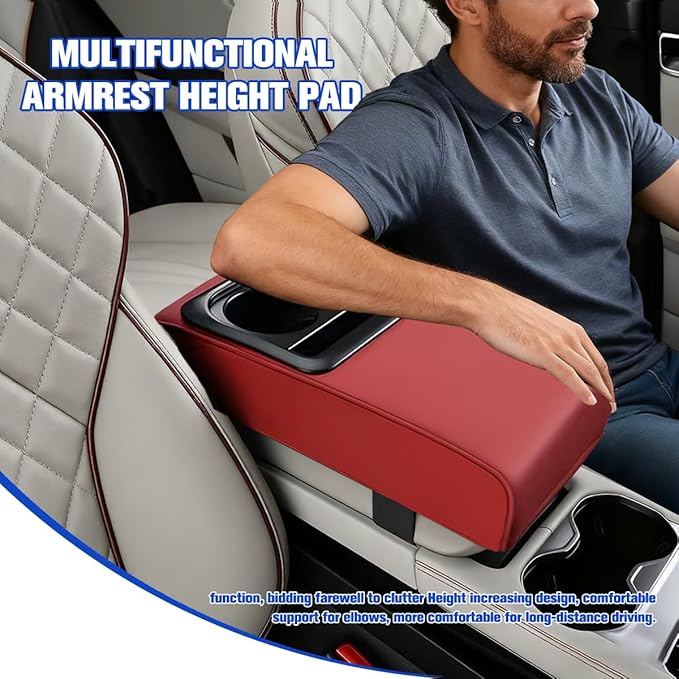 Car Center Console Armrest Pillow, Vehicle Armrest Seat Box Cushion Pad with Cup Holder & Phone Holder, Comfortable Auto Middle Console Cover, Universal for SUV RV Truck (Wine Red)