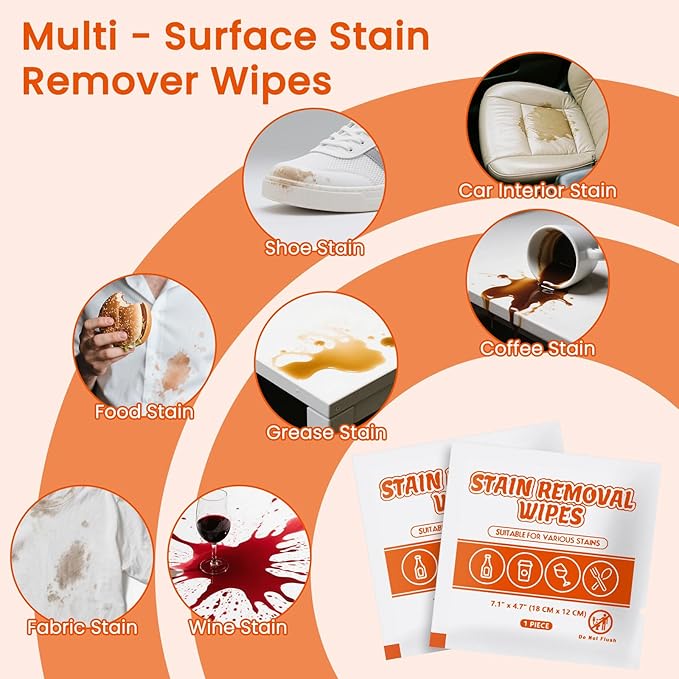 Stain Remover Wet Wipes Bulk, Individual Wrapped Clothes Portable Travel Messy Eater Cleaning Laundry Stain Removal Wipes Pocket Size for Clothing Fabric/Wine/Fast Food 7.1 x 4.7 Inch (White 200)