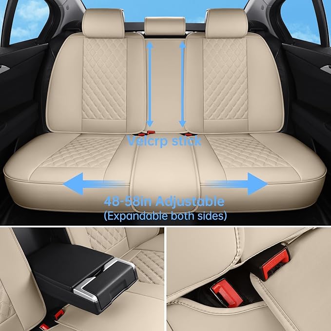Car Seat Covers Full Set Beige, Luxury Faux Leather Car Seat Covers Waterproof Non-Slip Seat Protector Universal Fit for Most Cars SUVs Trucks Pick-ups,Car Accessories for Front Seats and Back