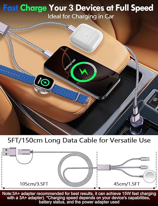Travel Essentials for Apple Watch Charger,iPhone Charger,3 in 2 Type C/L/Magnetic Fast Charging Cable,Multi Charging Cable Portable Designed for iWatch Series,iPhone 17-11,Galaxy S26-S21,Car-4FT