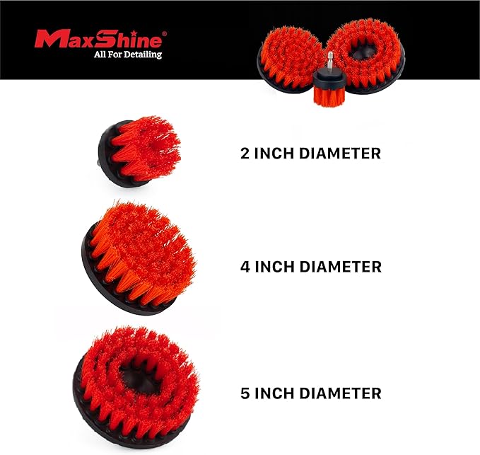 Maxshine 2", 4", & 5" M8 Medium-Duty Upholstery Carpet Brush with Drill Attachment Set – Power Scrubber Attachment for Car Detailing – Removes Grime, Stains & Spots from Fabric, Seats & Carpets