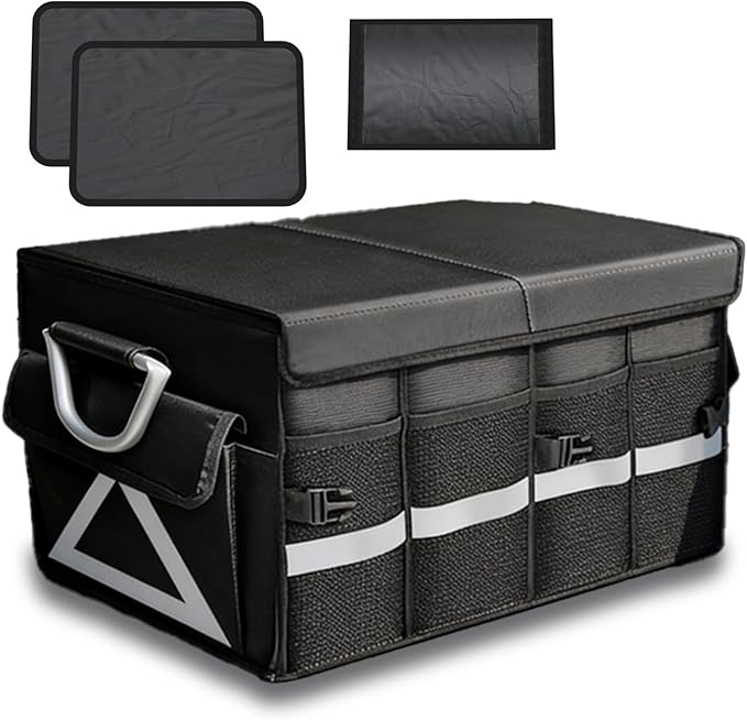 Trunk Organizer Wiith Lid For SUV, Truck, Car Trunk Organizer, Large, Black, 4-Compartments With Handle