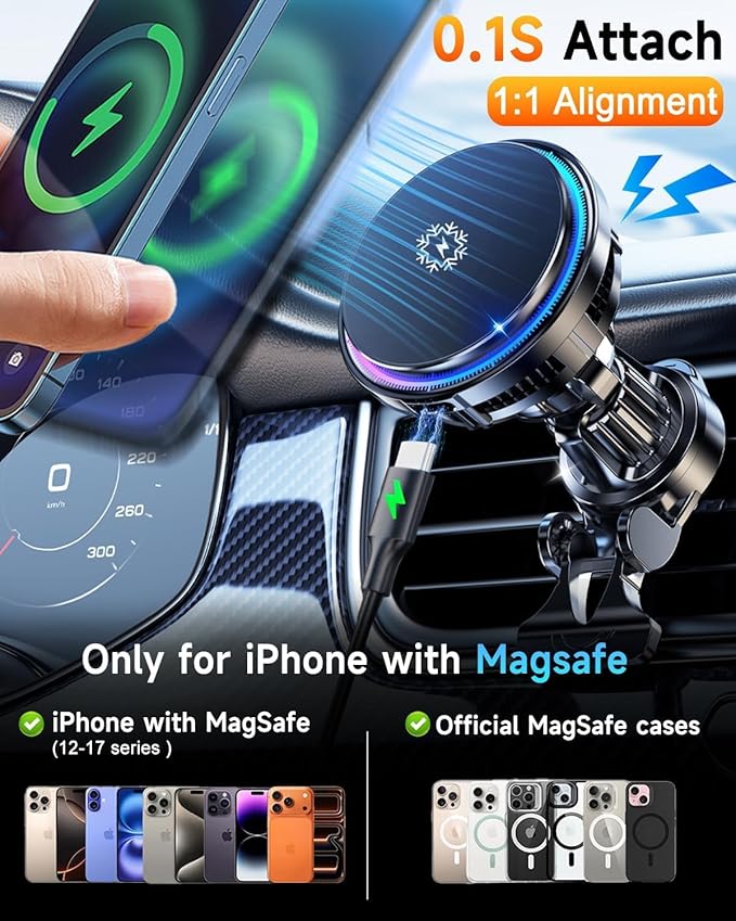 2026 Upgraded TEC and Fan Dual Cooling Magnetic Wireless Car Charger, For 15W Magsafe Car Charger Mount, RGB, Air Vent/Dashboard Fast Wireless Charging Car Phone Holder for iPhone 17/16/15/14/13/12