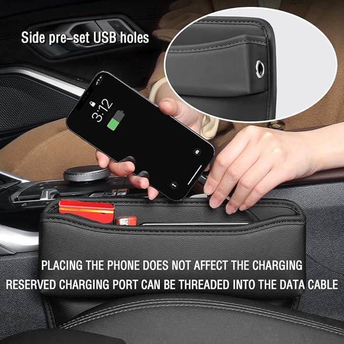 Large Capacity Car Seat Gap Filler with 2 Charge Hole - Microfiber Leather Organizer Storages Items & Keeps Quiet Tidy Storage Box for Phone,Key,Cigarette,Glasses (Black/2pcs)