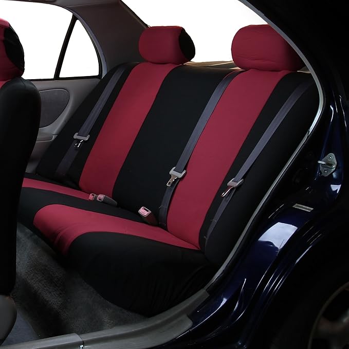 FH Group Car Seat Covers Flat Cloth Automotive Burgundy Full Set, Rear Solid Bench Universal Fit Combo Steering Wheel Cover & Seat Belt Pads Car Seat Protector Cars Trucks SUV Interior Accessories