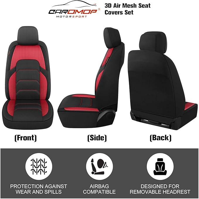 CAROMOP 3D Air Mesh Car Seat Covers Full Set,Breathable and Durable Seat Covers for Cars,Split Bench Compatible,Universal Fit for SUV,Vans,sedans, Trucks, Automotive Interior Covers(5-Seat Black/Red)