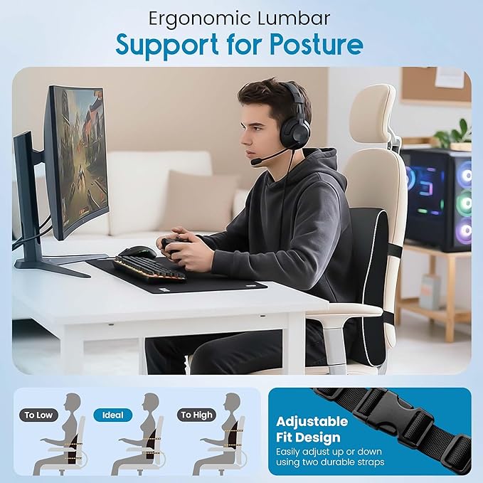 Lumbar Support Pillow for Office Chair and Car, Premium Memory Foam Back Cushion for Back Pain Relief Improve Posture Ergonomic Cushion with Breathable Mesh Cover and Adjustable Straps