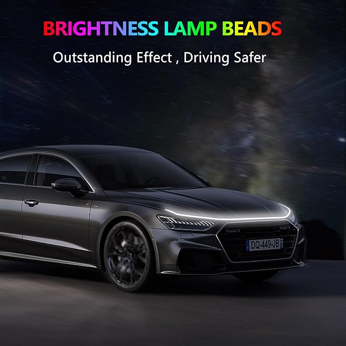 70 Inch Car Hood Light Strip, Dynamic LED DRL Daytime Running Light with Scan Start-up, 12V Flexible Waterproof Exterior Strip for Car, Truck, SUV, White