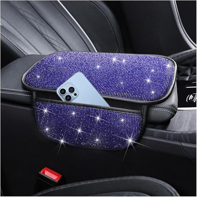 Bling Car Center Console Cover, Crystal Rhinestone Vehicle Armrest Cover Cushion with 2 Storage Bags for Women Girls, Diamond Auto Storage Box Protector Pad, Universal Fit (Blue)