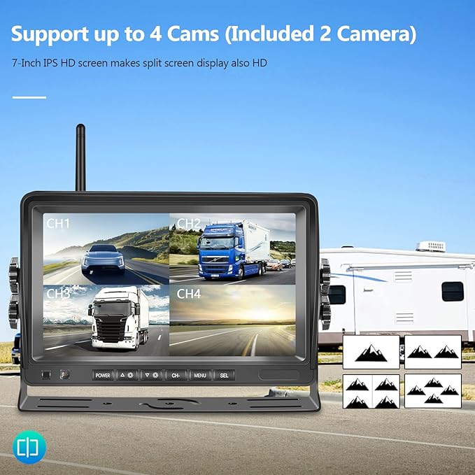 Wireless Dual Backup Camera System, Hodozzy 7" Monitor with Split Screen Plug and Play HD Rear View Camera with Loop Recording Sunshade Design Waterproof IR Night Vision 12V-36V for Car,Truck, RV