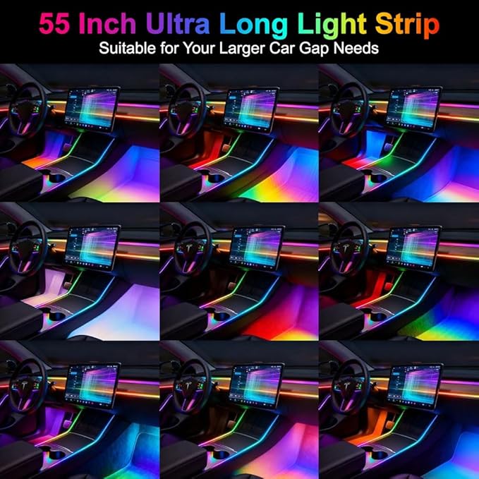 Acrylic Interior Car Ambient Lighting, Interior RGB LED Strip Kit with Music Sync Mode, 55 Inch Length Suitable for Pickup, Trucks, SUV and Large Vehicles (18 in 1)