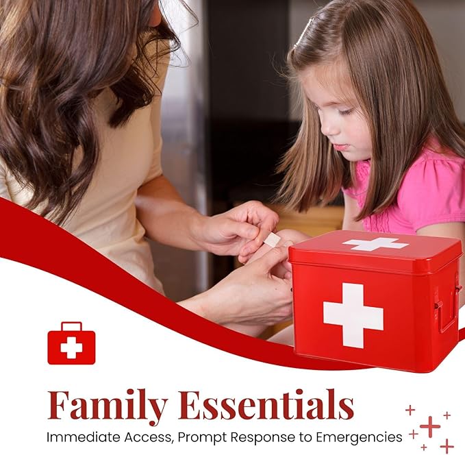 Flexzion First Aid Box Organizer, Empty 8.5 Inch Red Vintage First Aid Kit Tin Metal Medical Box First Aid Storage Box Container Bins with Dividers, Removable Tray and Cross Logo
