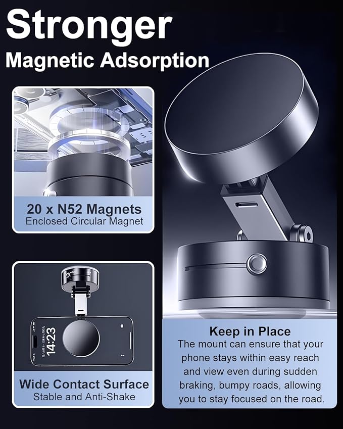 JingJinYY Vacuum Suction Magnetic Phone Holder, 2025 Upgraded Foldable and Retractable Magnetic Mount, A Movable Vacuum Suction Cup Car Phone Stand for Cars/Gyms/Mirrors/Smooth Surface (Black)