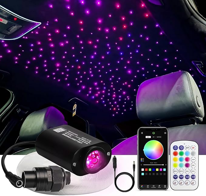 Small Size Car Twinkle Fiber Optic Starlight Headliner Kit, Sound-Activated APP& Remote Control Starlight Engine for Car Home, 200pcs 6.5ft