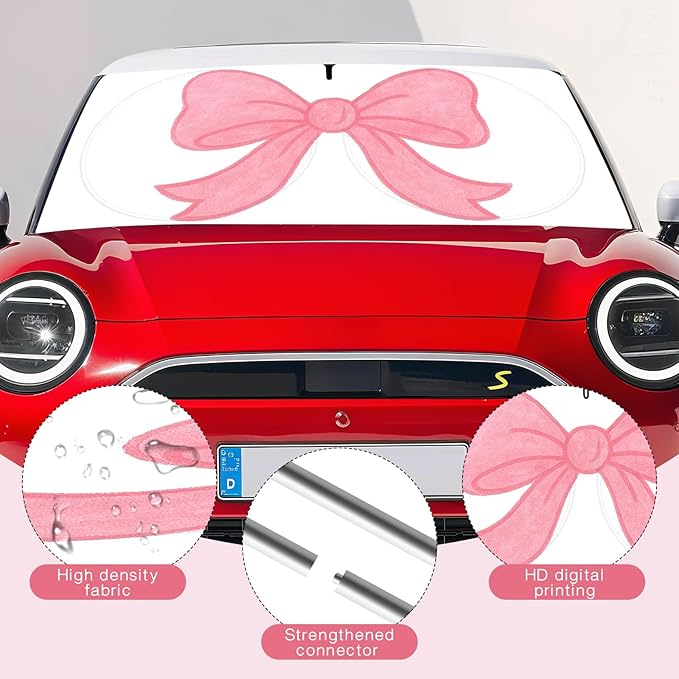 Car Windshield Sun Shade, Car Sun Shade Cute Bow Visor for CarWindshield, Wear-Resistant Black Tape, Foldable 59'x27.5'/63''x31.5''
