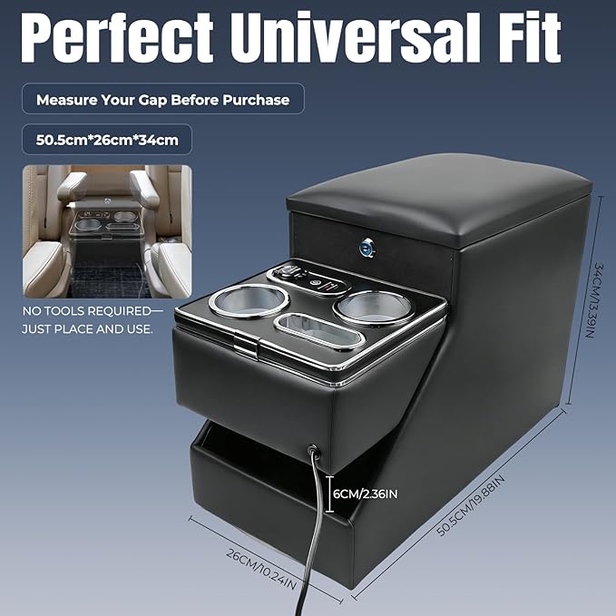 Vehicle Center Console Organizer with 7-Color Ambient Light - Lockable Floor Storage & Dual Cup Holders, Fits Minivans, SUVs & Vans 10.24 inch Wide