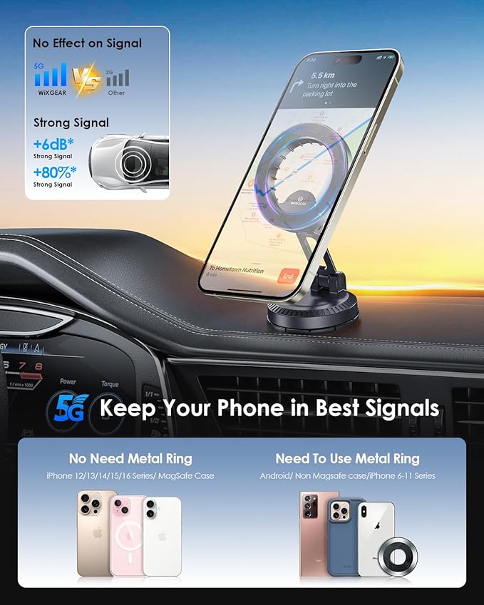 WixGear Stick-On Foldable Magnetic Car Mount Dashboard Phone Holder, Strong Magnet Mount for MagSafe iPhone & All Smartphones, 3M VHB Adhesive Dashboard Mount, 360° Adjustable Compact Design