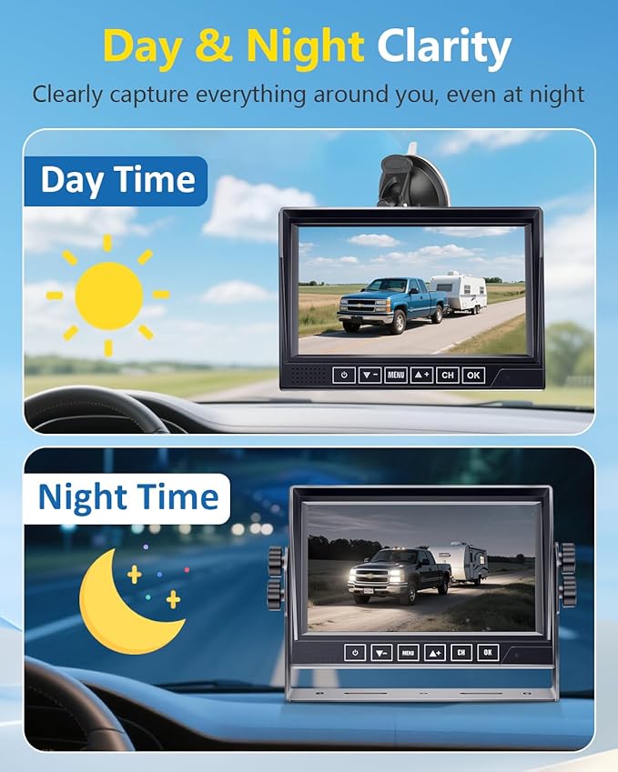 Solar Wireless Backup Camera for Trailer: 24H Long-Lasting, Strong Signal, HD 1080P 2 RV Camera System with 7" Recording Monitor - Magnetic Easy Setup for Camper