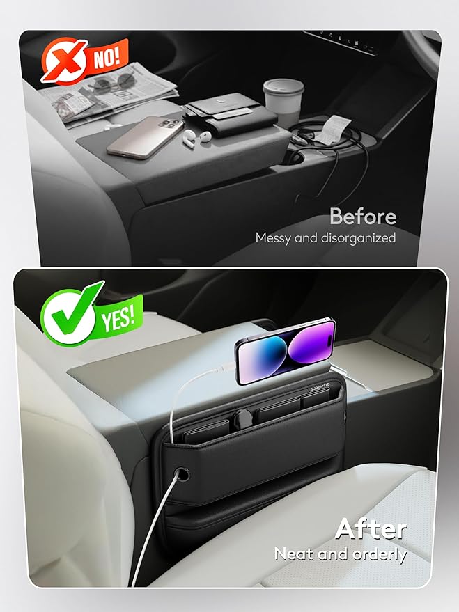 2 Pack Car Seat Gap Filler, Leather Seat Gap Organizer with Sun Visor Organizer, Front Seat Storage for Phone, Sunglasses, Cards and Keys, Fits Most Cars SUVs and Trucks