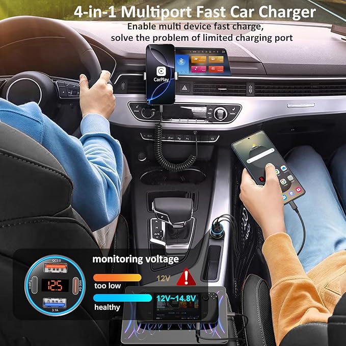 4-Port 65W Fast Car Charger USB C for iPhone 17/16/15/14 Pro Max, 2 Pack Dual 12V USB-A&C Car Charger with Voltage Meter Cigarette Lighter Adapter for Galaxy A17/A16/S25/S24+6FT Type-C Cable
