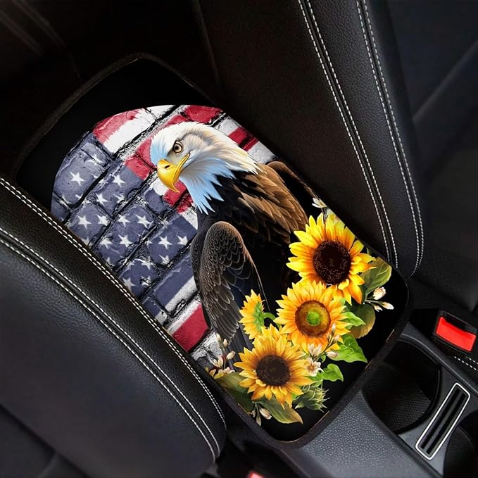 JoyLamoria Bold Eagle American Flag Auto Center Console Cover Car Armrest Cover Universal Fit Comfort Armrest Cushion Seat Handrail Box for Car