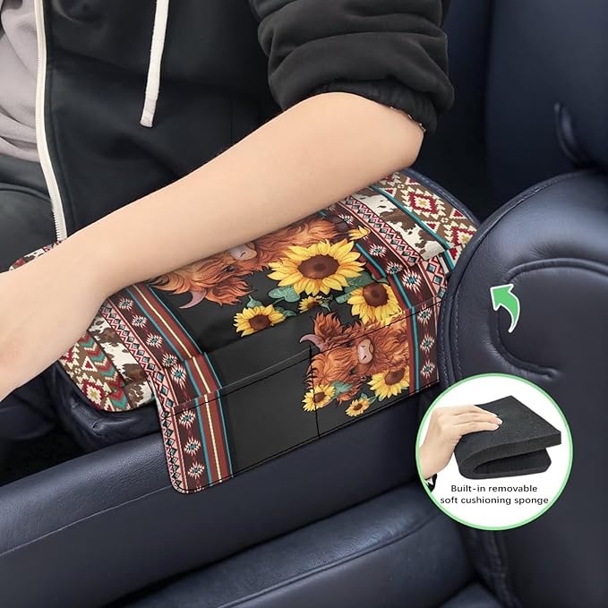 Wanyint Aztec Highland Cow Sunflower Center Console Cover Non-Slip Armrest Box Pad with 4 Storage Bags Comfortable Arm Rest Pad Middle Console Cushion Protector Auto Interior Accessories