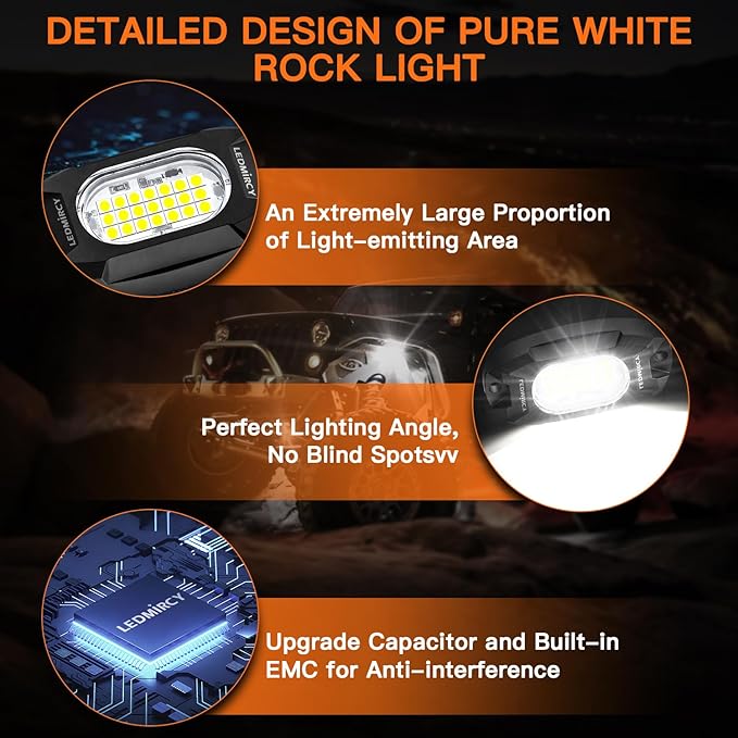White Rock Lights,LEDMIRCY R6 LED Pure White Rock Lights 16PCS with Rocker Switch Wire Harness Kit Super Brigh Luces para Carro for Trucks UTV Off Road Boat ATV High Power Light Waterproof Shockproof