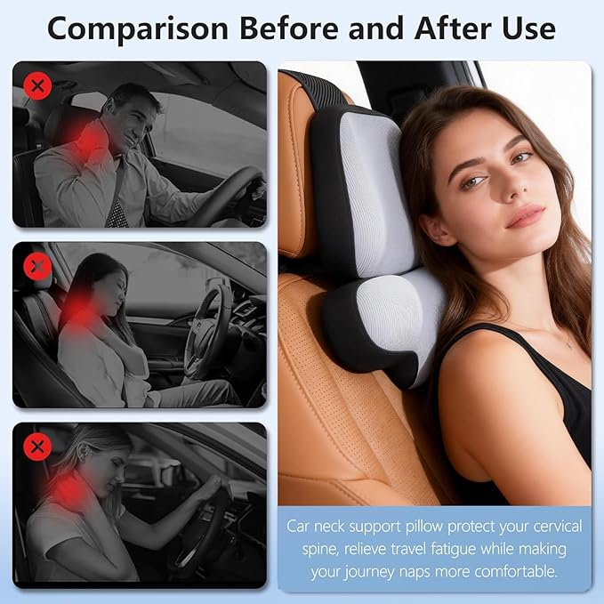 BEBAS Car Headrest Pillow - Memory Foam Neck Support Pillow for Driving, Ergonomically Designed for Long Drives & Travel, Pain Relief with Removable & Washable Cover | Gray, 1-Pack