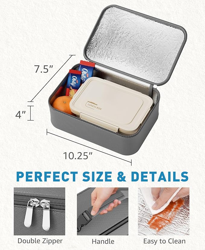 Small Lunch Box Insulated Lunch Bag for Women Men, Bento Kids Lunch Box, Compact Portable Thermal Meal Cooler Bags with Buckle Handle for Work & School, Gray 5L