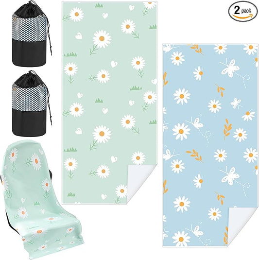 2 Pack Car Seat Towel Covers with Storage Bag 63 x 32 Inch Athletic Running Towel Seat Sweat Washable Non Slip Cover Gift for Car Outdoor Sport Activities (Daisy)