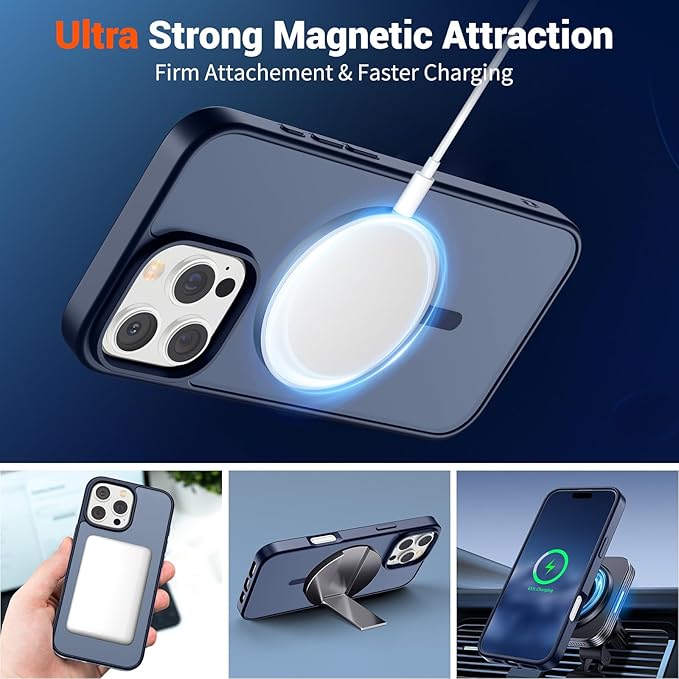 SUPFINE Magnetic for iPhone 16 Pro Case with Screen Protector (Compatible with MagSafe) (Military Grade Drop Protection) Translucent Matte Shockproof Phone Cover,Dark Blue