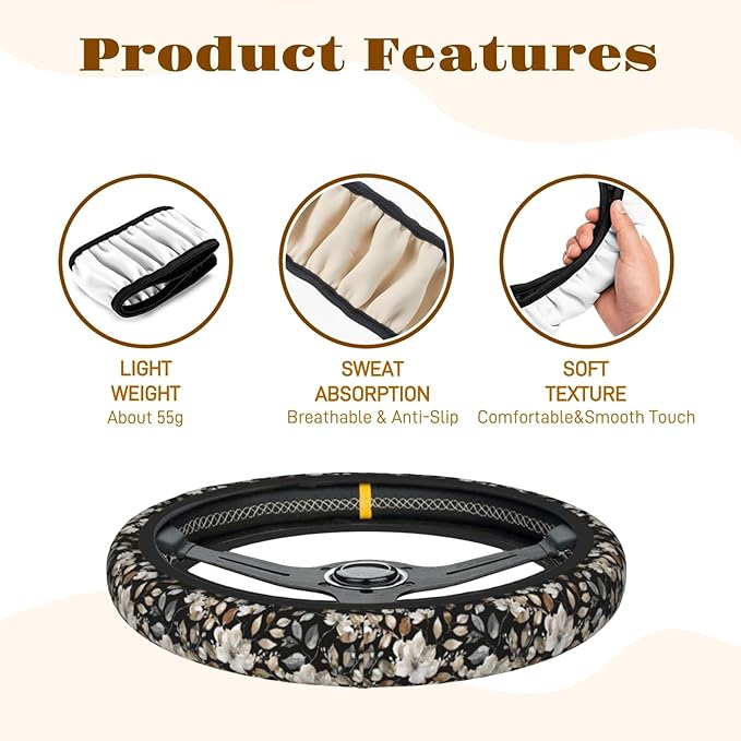Steering Wheel Cover Accessories Neoprene Cover, Breathable Non-Slip Easy to Install Suitable for Women Men, 14.5-15.5 Inch for Car SUV Van Truck Universal - Beauty Floral