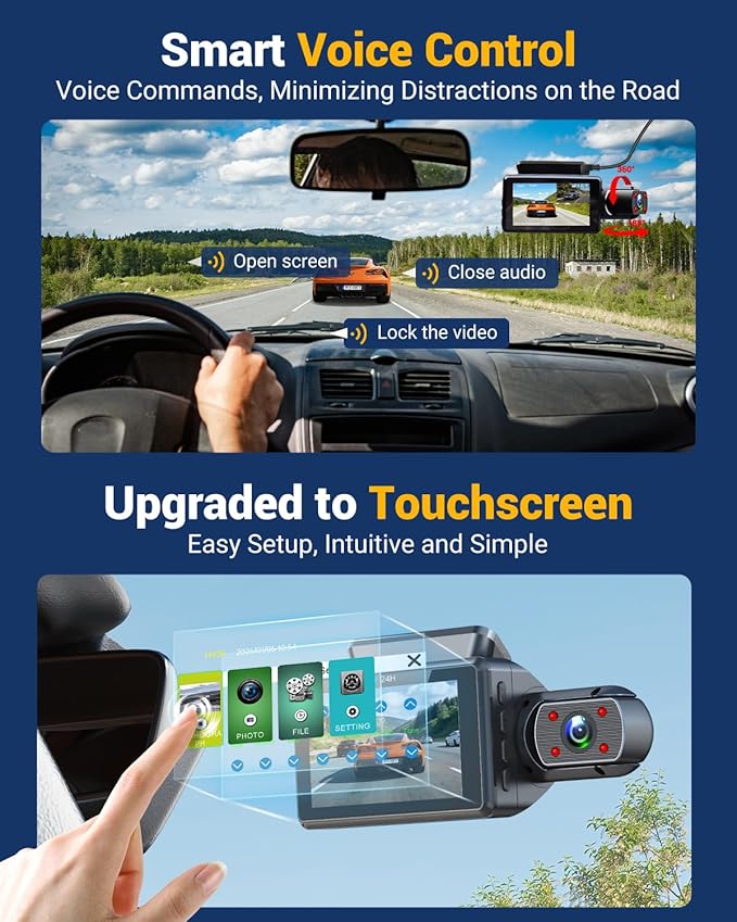 3 Channel Dash Cam with WiFi & GPS, Front and Rear/Inside, Voice Control 4K/2.5K+1080P+1080P Triple Dash Camera for Cars, 3" IPS Touch Screen, Free 32GB Card