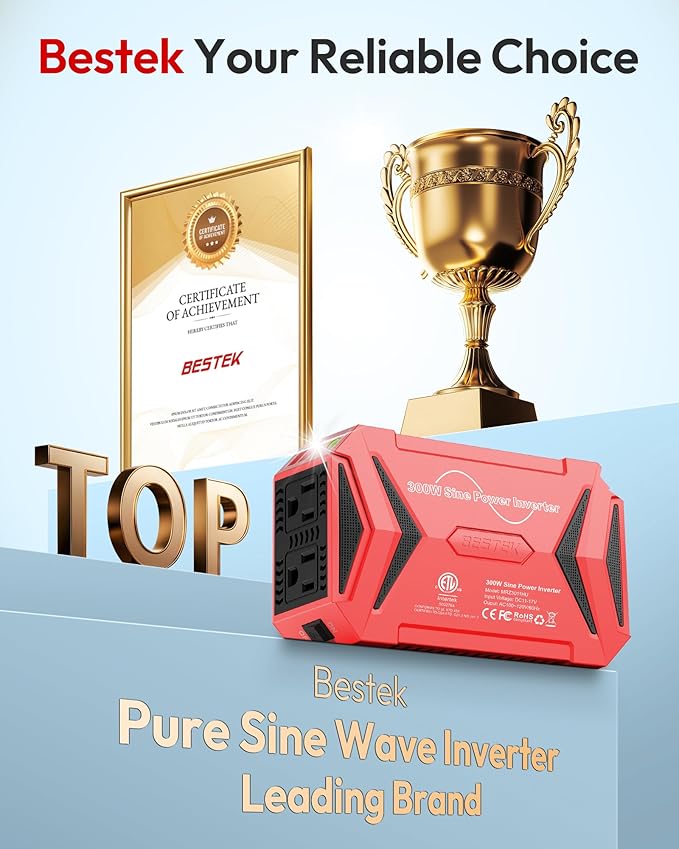 BESTEK Pure Sine Wave Power Inverter - 300W Car Plug in Charger Outlet DC 12V to 110V AC - Cigarette Lighter Adapter 4.8A Dual USB Fast Charging Ports for Laptop - Aluminum Housing - Red