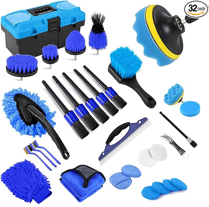 32Pcs Car Detailing Kit, Drill Brush Attachments with Detailing Brush Set and Tools Box, Blue Auto Cleaning Kit Interior for Dashboard, Wheels, Windows (C：32PCS-B)